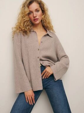 Reformation Taupe Fantino Cashmere Collared Cardigan